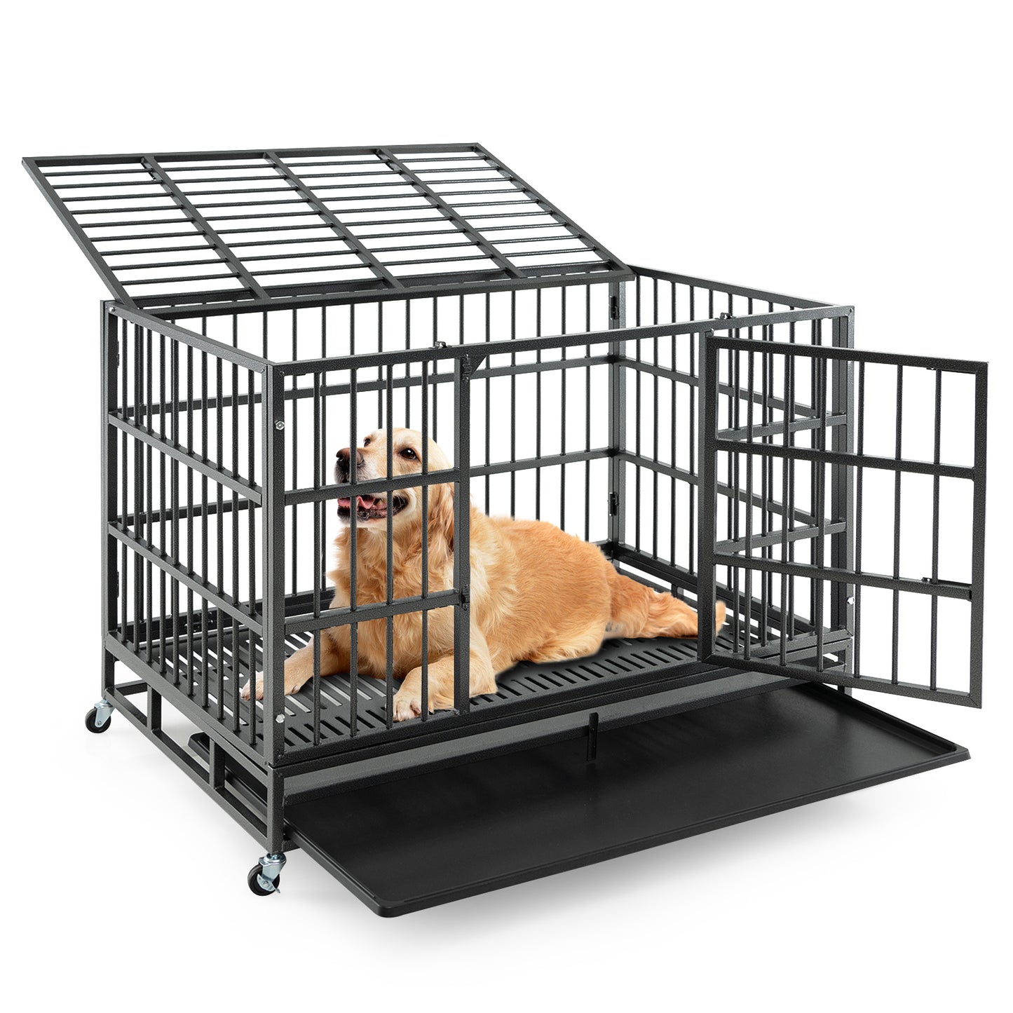 48 Inch Foldable Heavy-Duty Metal Dog Cage with Lockable Rolling Casters and Tray-48 inches - 48 Inches