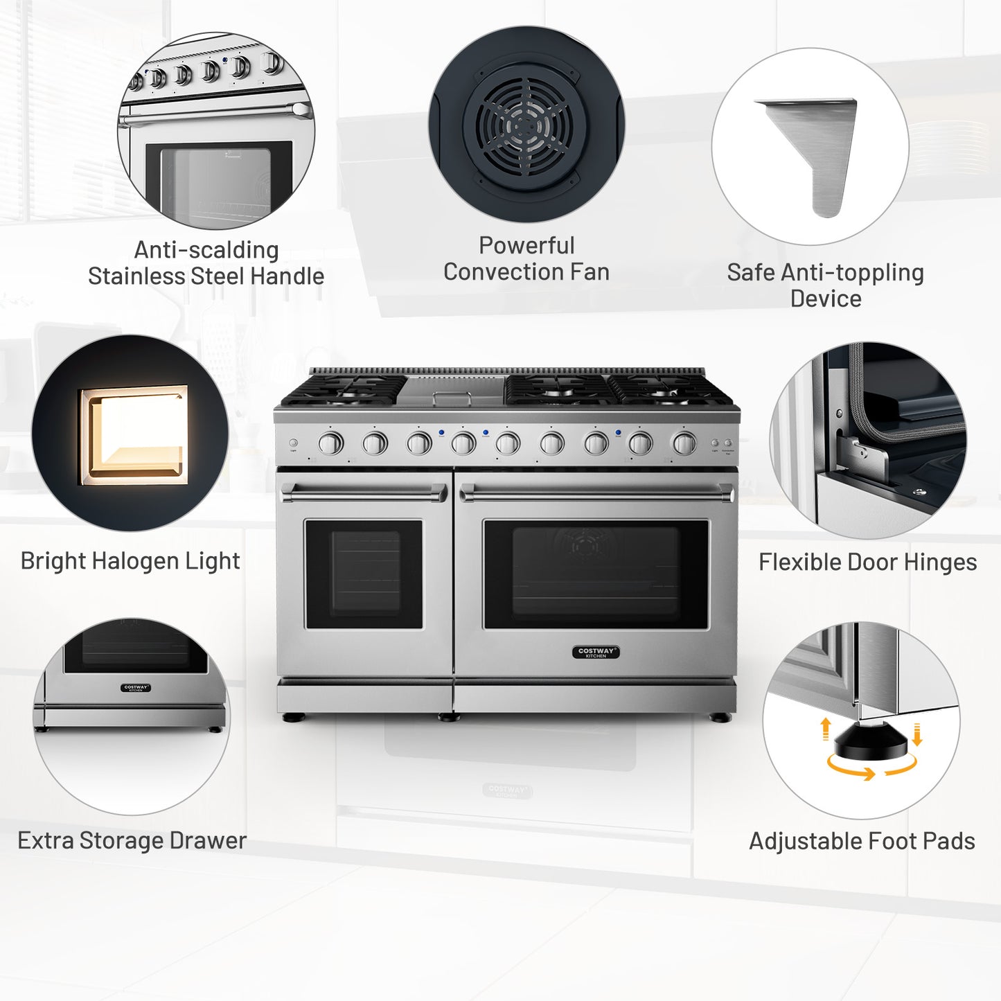 48 Inches Freestanding Natural Gas Range with 7 Burners Cooktop