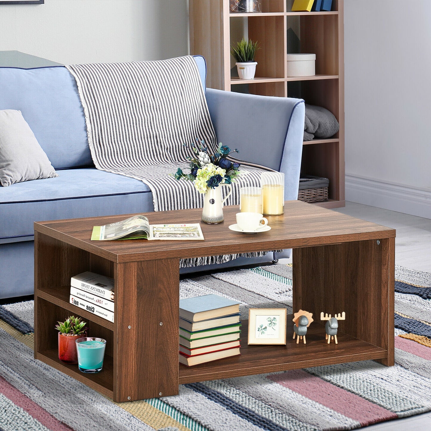 Coffee Table Sofa Side Table with Storage Shelves -Walnut