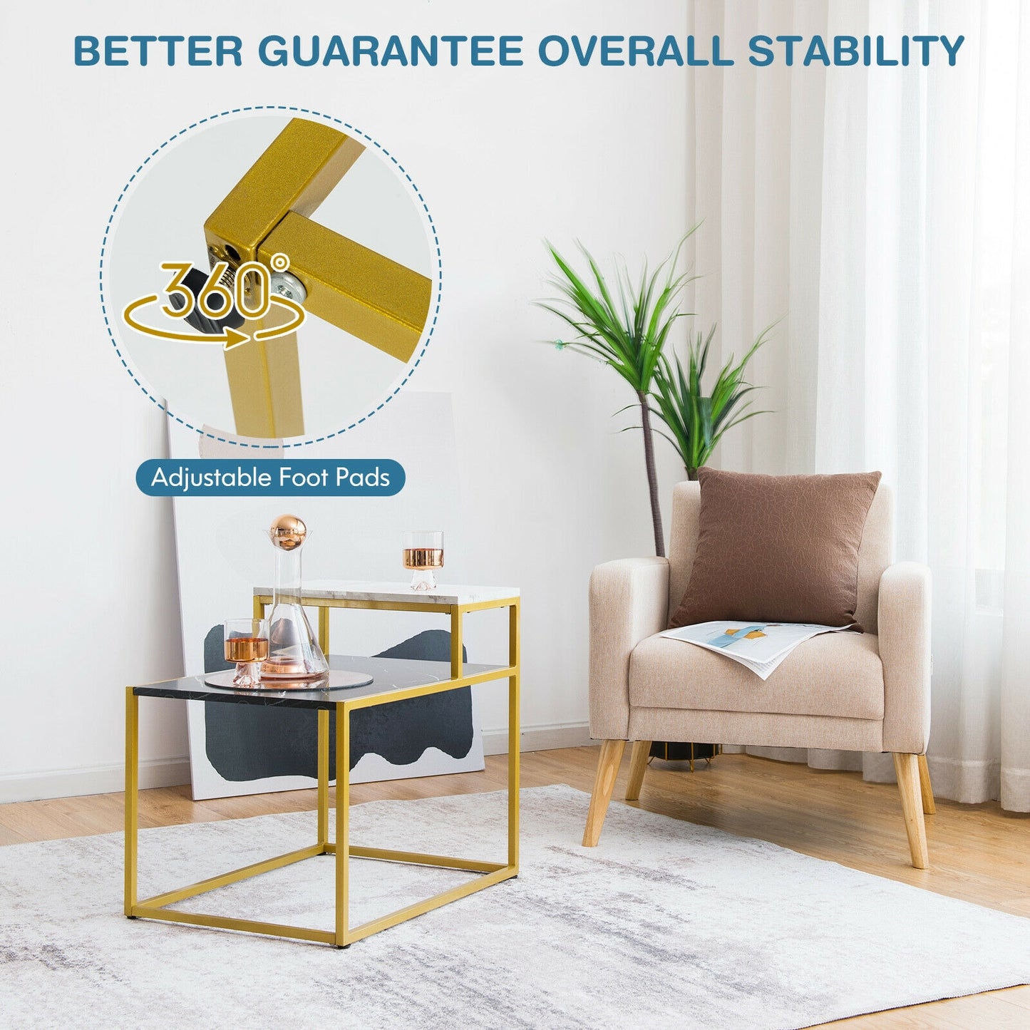 2 Tier End Side Table with Metal Frame and Storage Shelf for Living Room-White