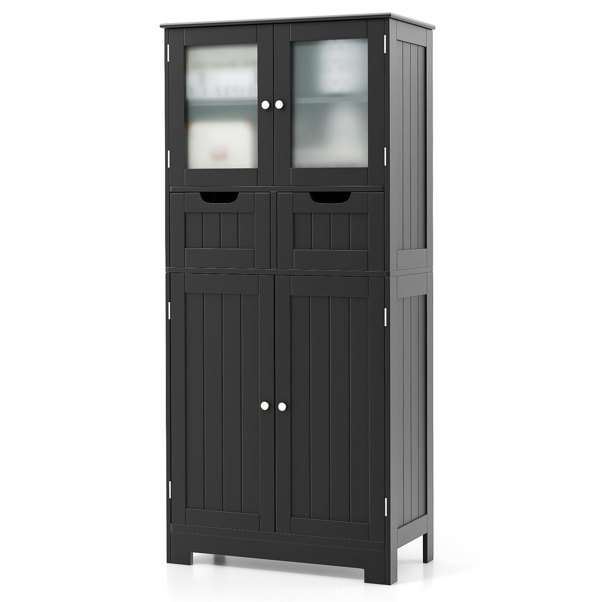 3 Tier Freee-Standing Bathroom Cabinet with 2 Drawers and Glass Doors-White - Black