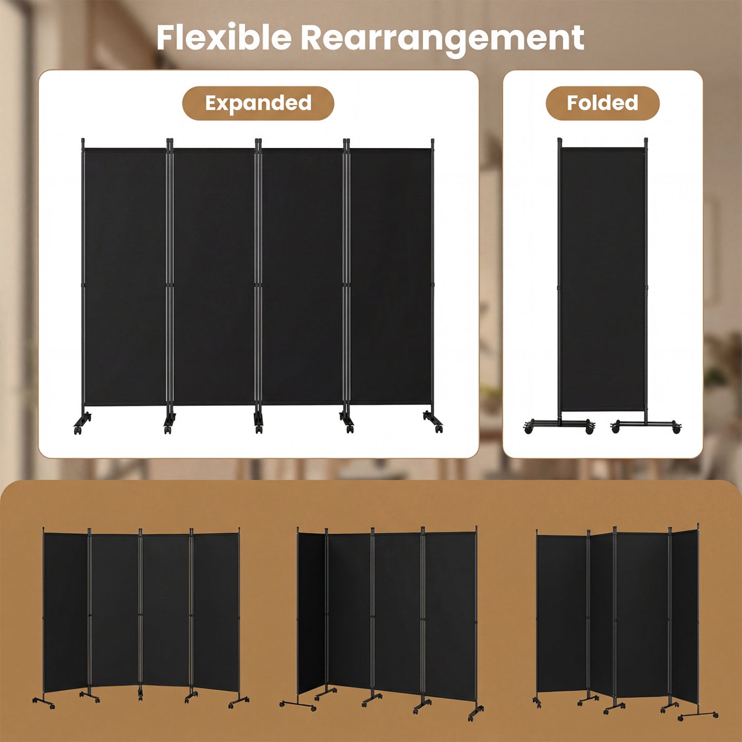 4-Panel Room Divider with Lockable Wheels - 87" x 68"