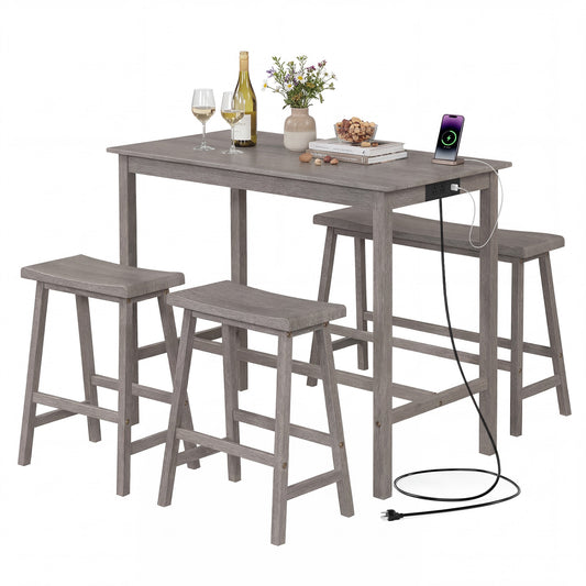 4-Piece Counter Height Dining Table Set with Power Outlet Solid Rubber Wood Kitchen Table