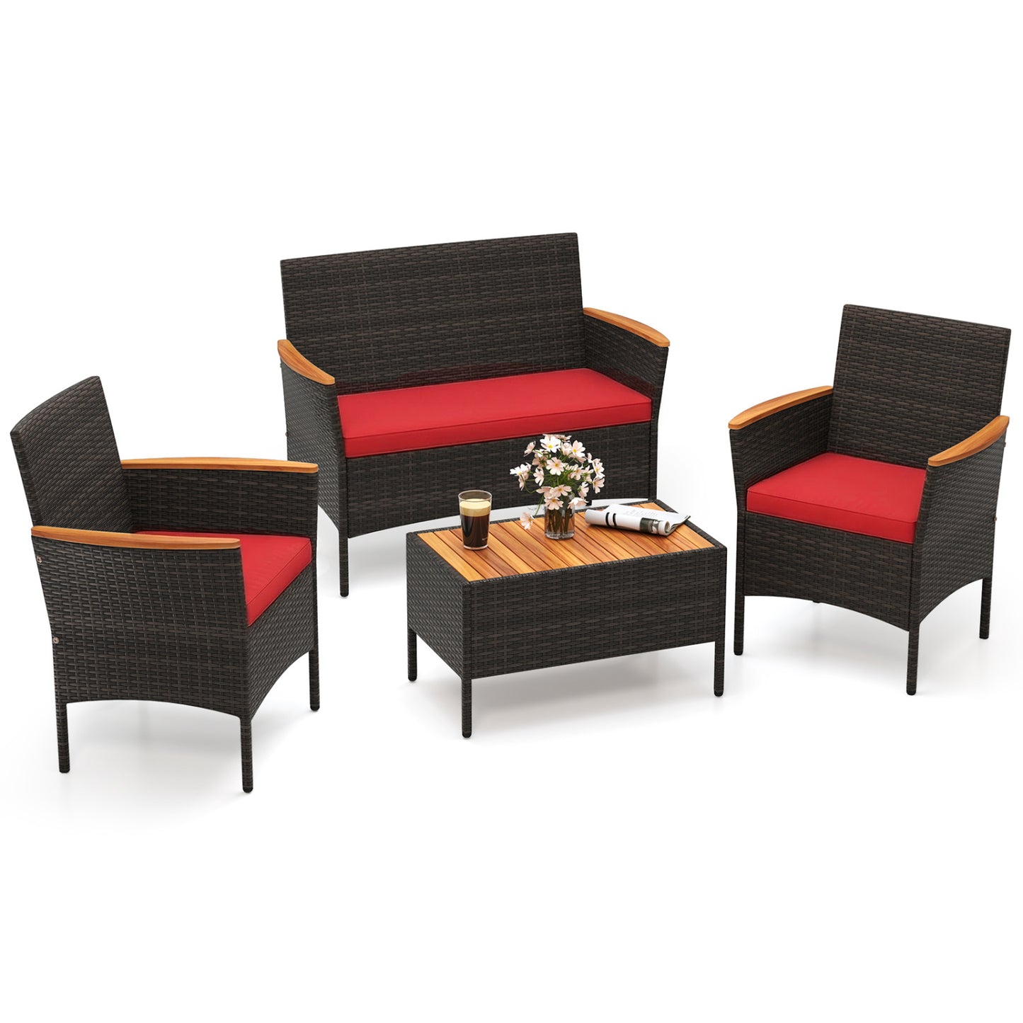 4 Piece Patio Wicker Sofa Set 2 Rattan Chairs and Loveseat with Table-Grey - Red