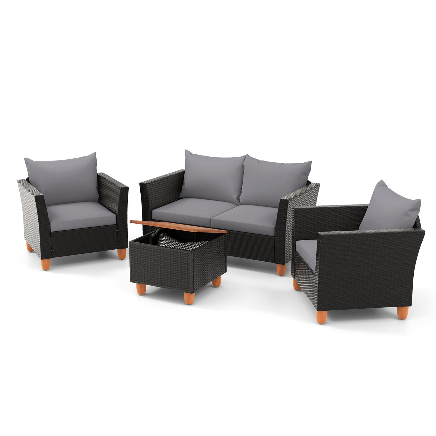 4 Pieces Outdoor Conversation Set with Storage Coffee Table-Gray - Gray