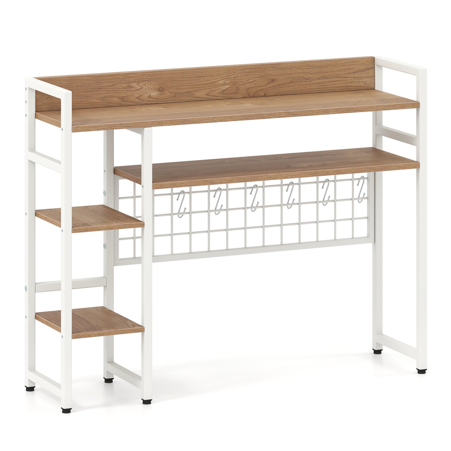 4-Tier Desk Shelf Desktop Display Rack with Metal Grid Panel and 6 Hooks-Natural - Natural