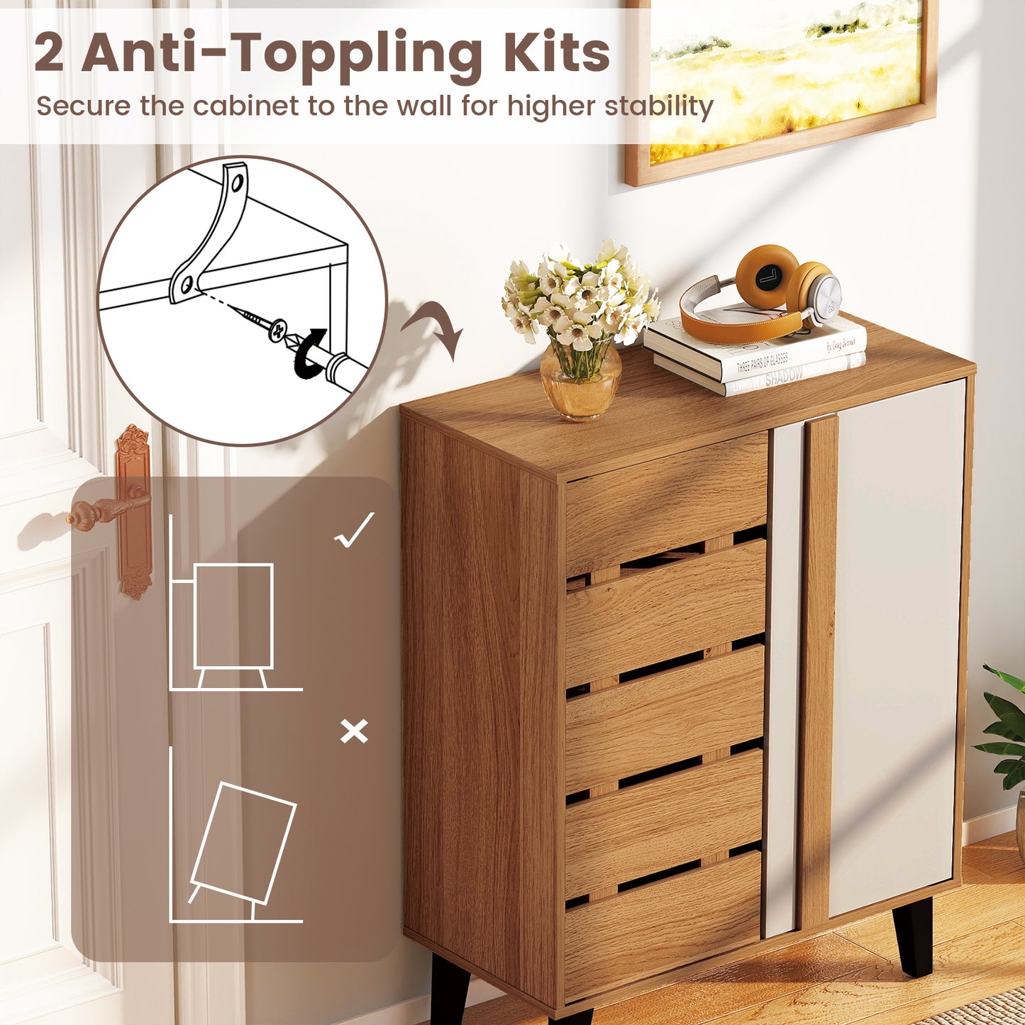 4-Tier Farmhouse Shoe Organizer with Louvered Door-Natural and White