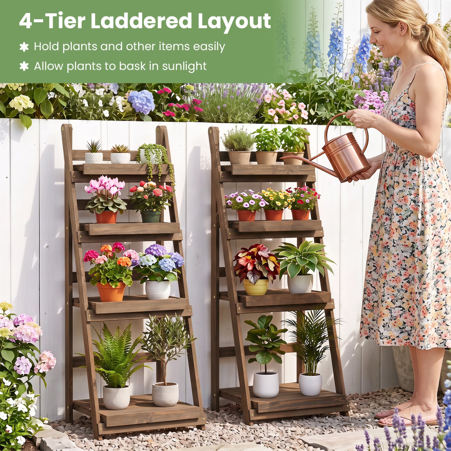 4-Tier Foldable Plant Stand with Slatted Shelves
