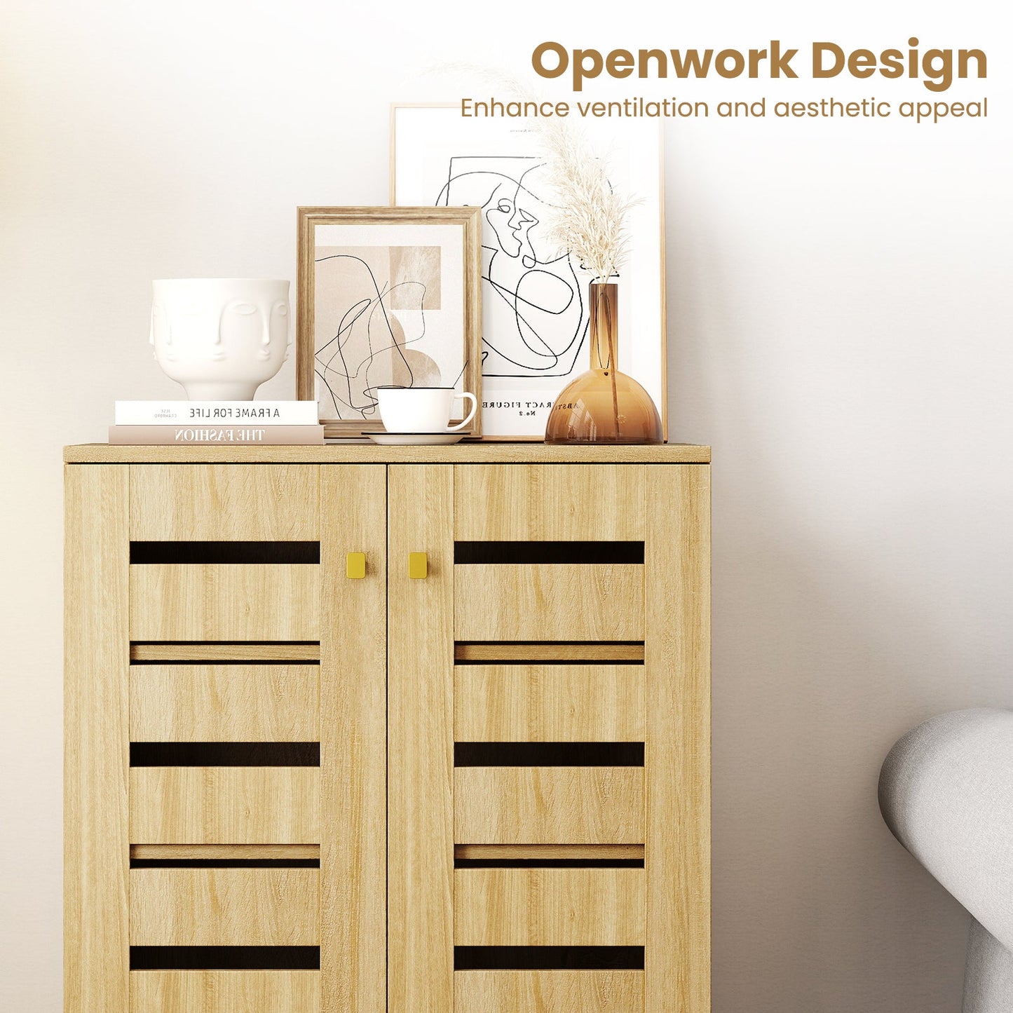 4-Tier Modern Freestanding Wooden Shoe Cabinet with Doors and Removable Shelves-Oak