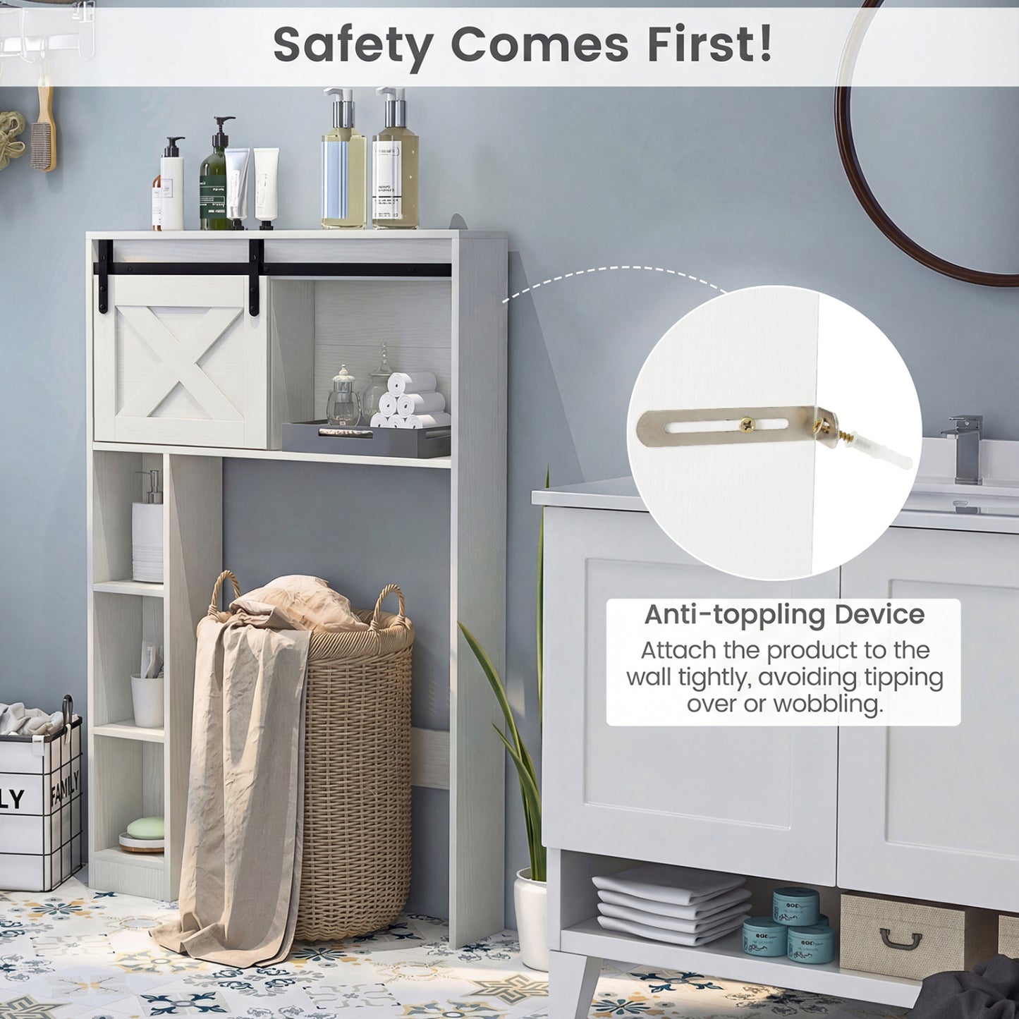 4-Tier Over The Toilet Storage Cabinet with Sliding Barn Door and Storage Shelves-White