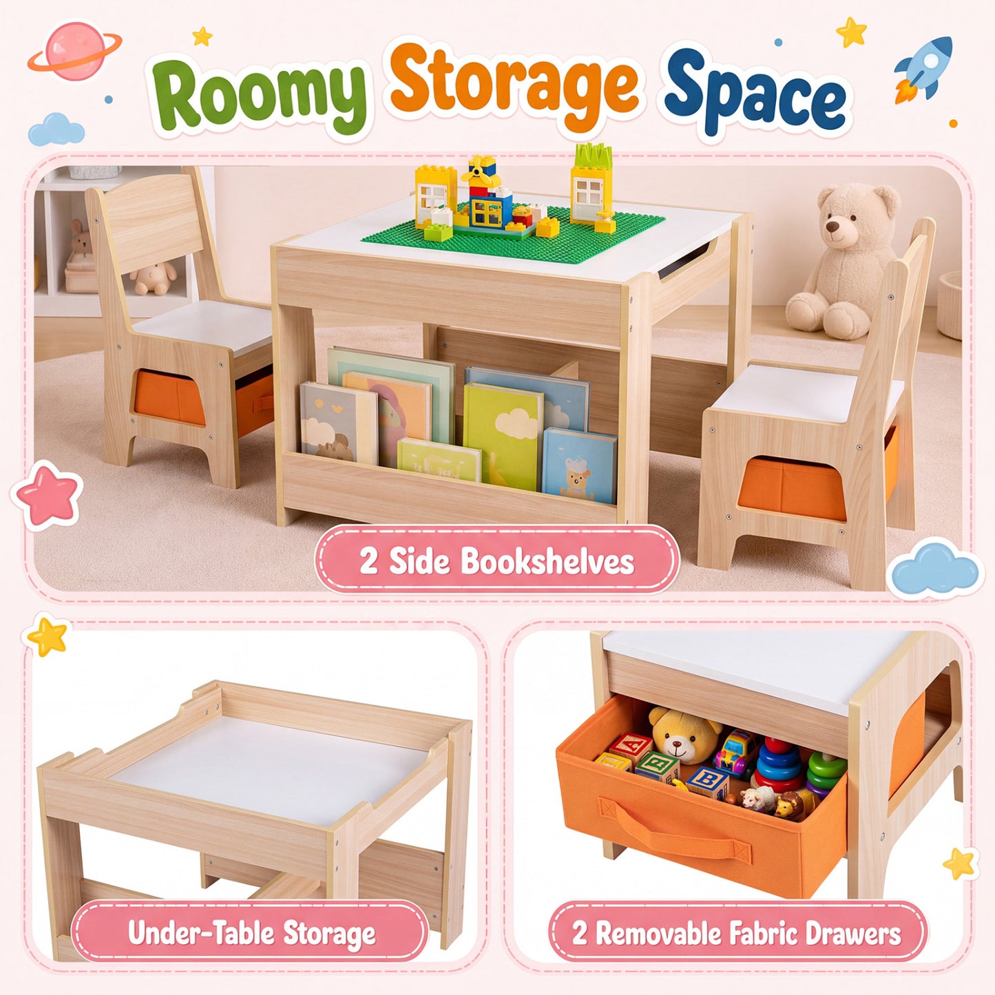 Kids Table and Chair Set with Building Blocks & Storage