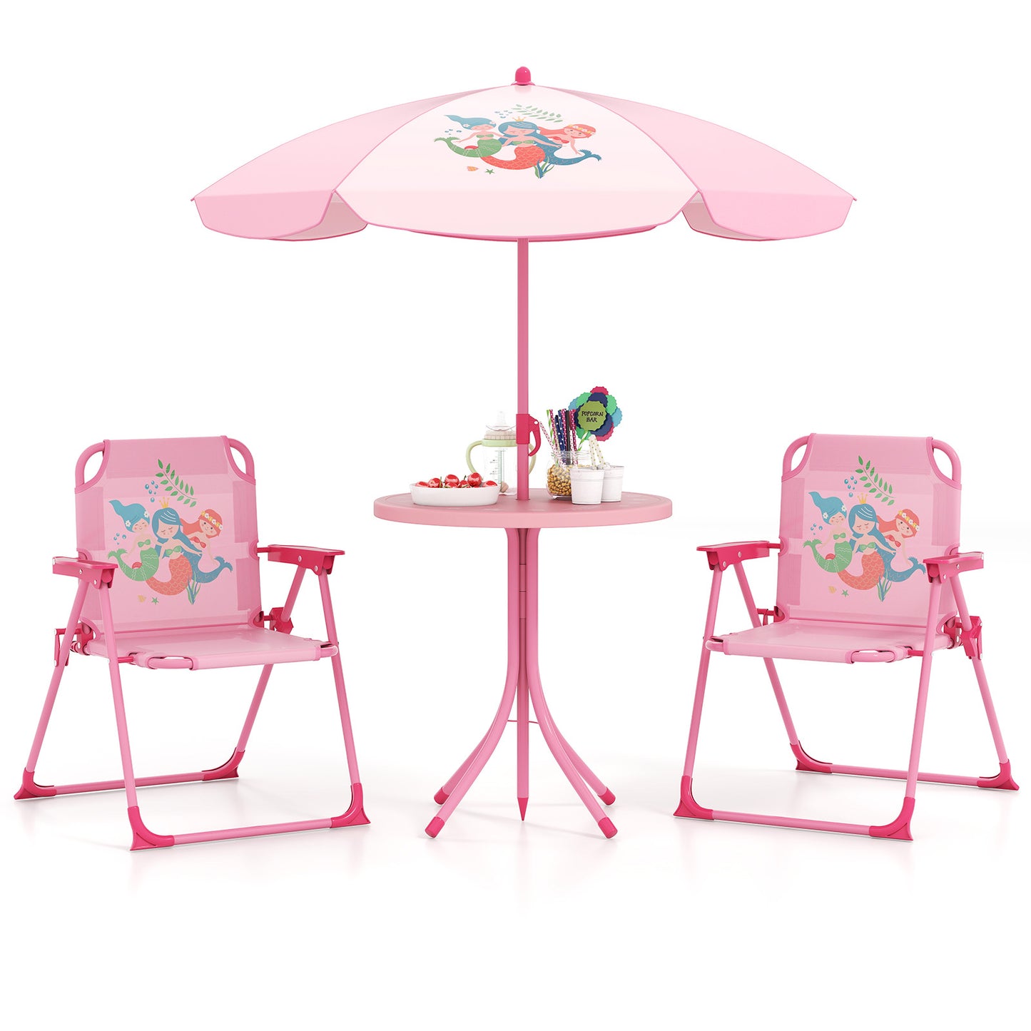 4 Pieces Kids Picnic Set with 2 Folding Chairs and Height Adjustable Umbrella-Brown - Pink