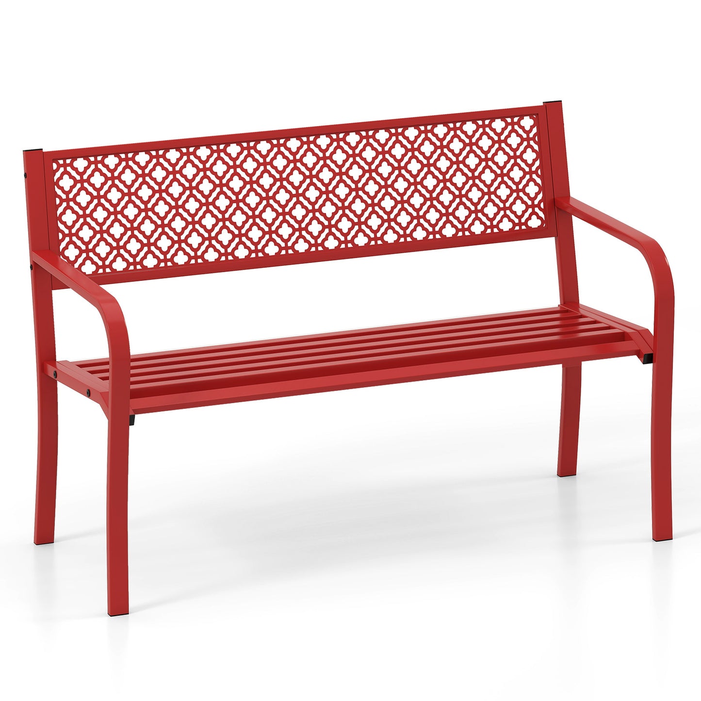 50 Inches Outdoor Garden Bench with Geometric Lattice Backrest and Slatted Seat-Red - Red