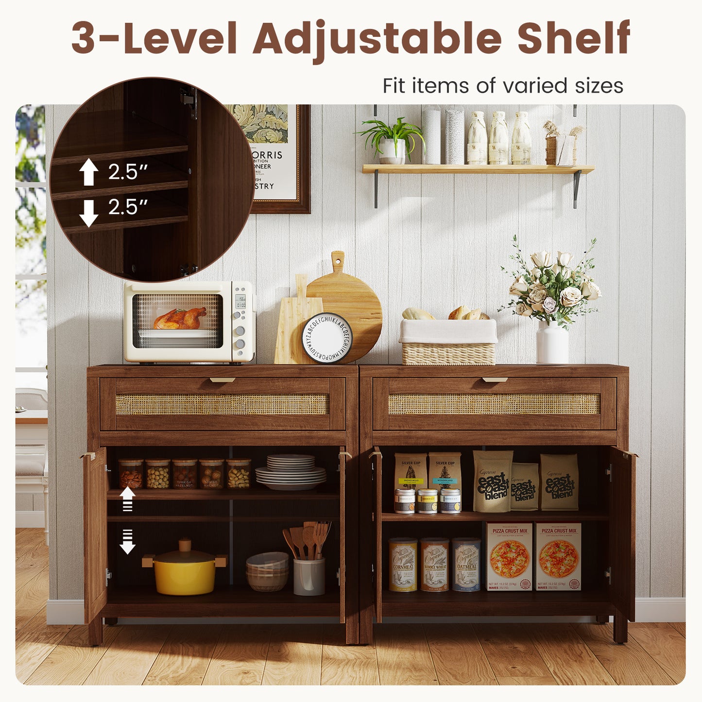Sideboard Storage Cabinet with Rattan Doors and Drawer-Brown