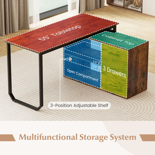 55 Inch Reversible L Shaped Desk with 3 Drawers Home Office Desk with Adjustable Shelf-Rustic Brown