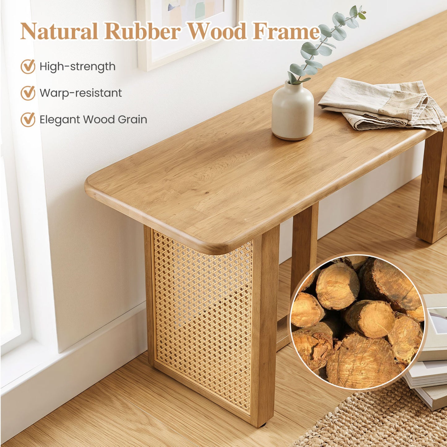 55" Rubber Wood Dining Bench with Rattan Legs