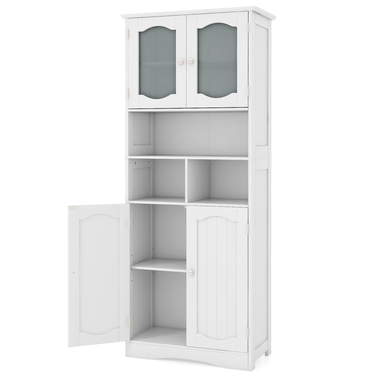 58.5 Inch Freestanding Linen Bathroom Storage Cabinet with Frost Glass Doors-White - White