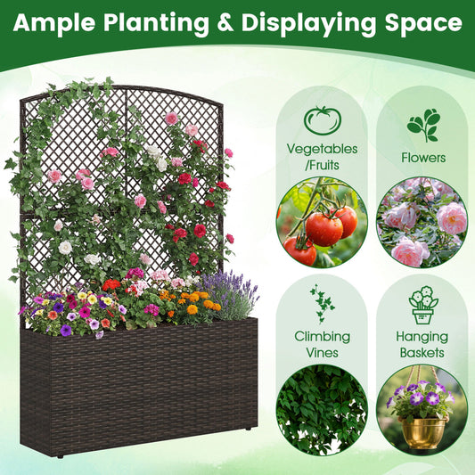 58 Inch Raised Garden Bed with Trellis and Wicker Planter Box-Brown