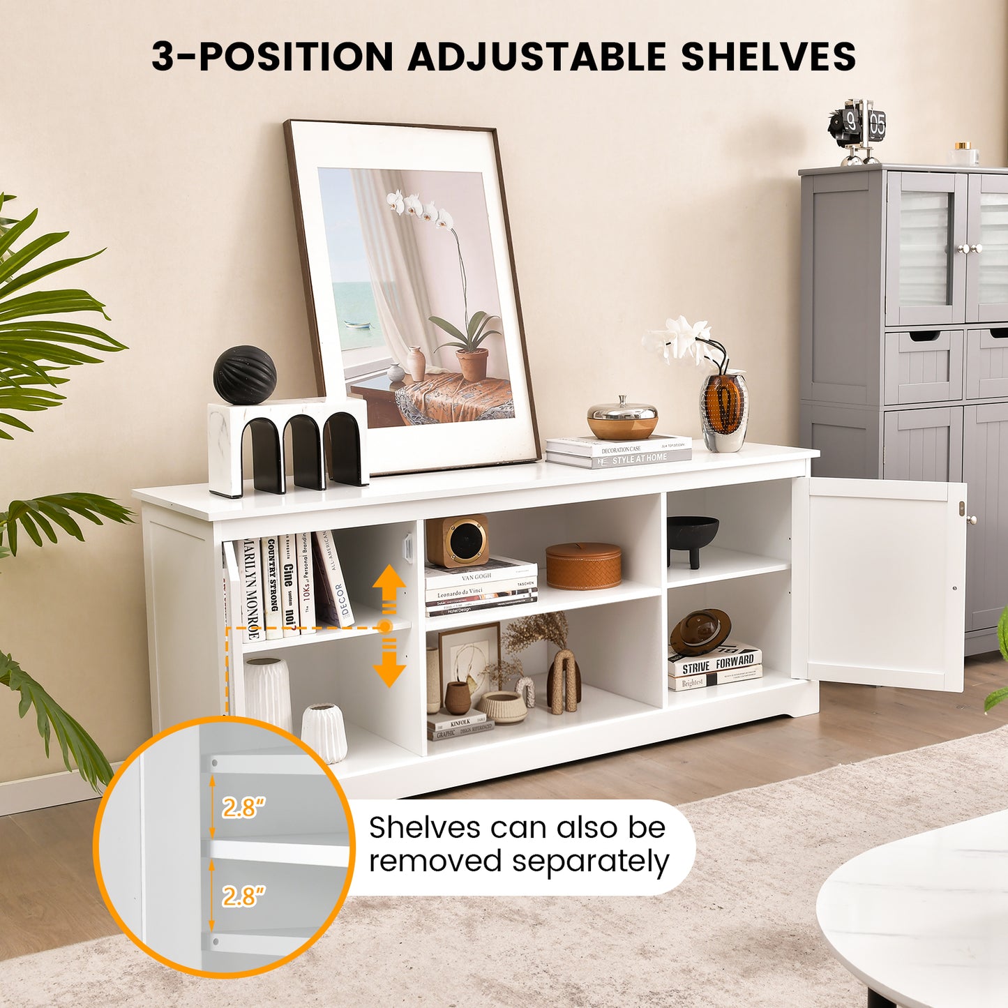 58 Inch TV Stand with 2 Cabinets and Adjustable Shelves for TVs up to 65 Inch-White