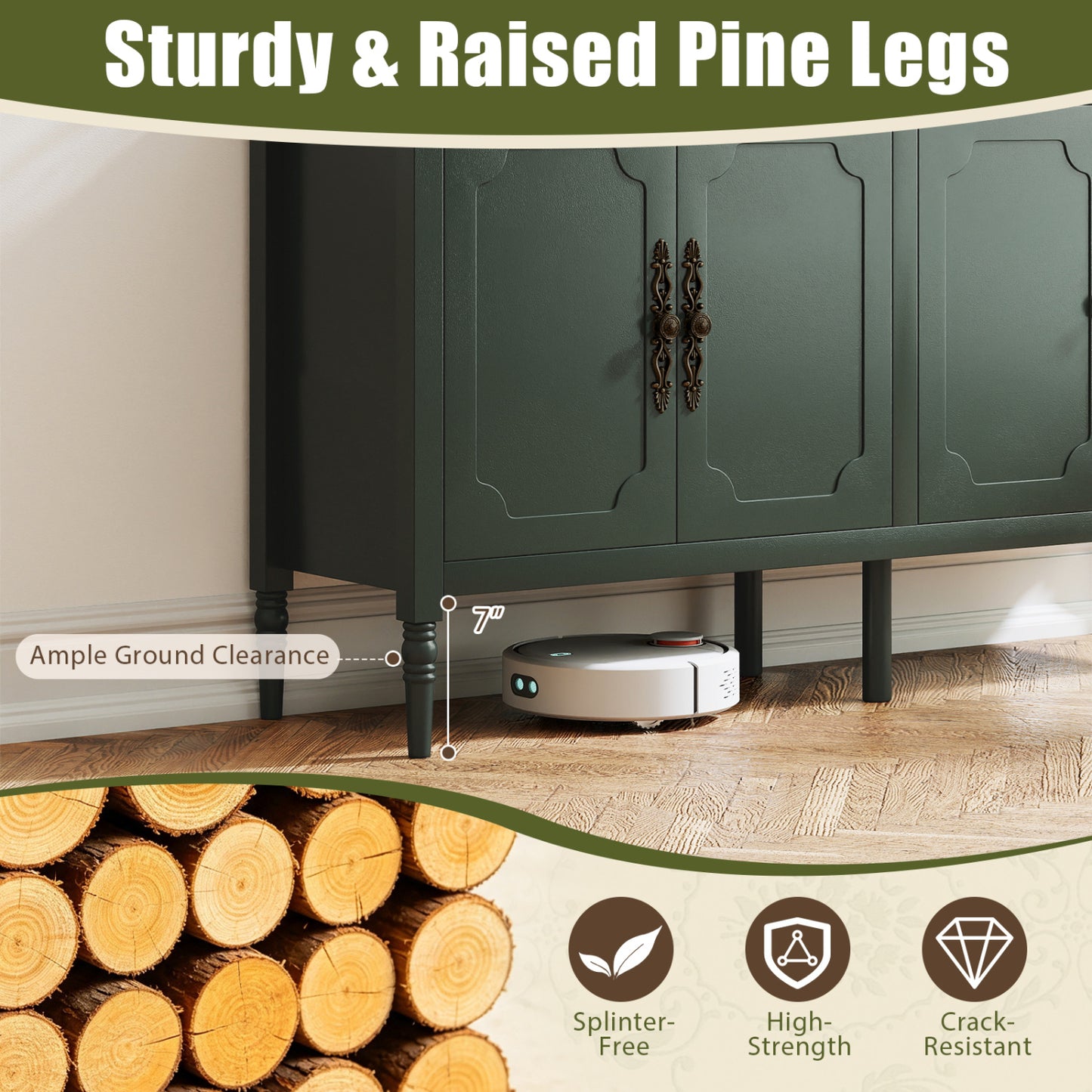 58" Buffet Cabinet with Adjustable Shelves & Pine Wood Legs