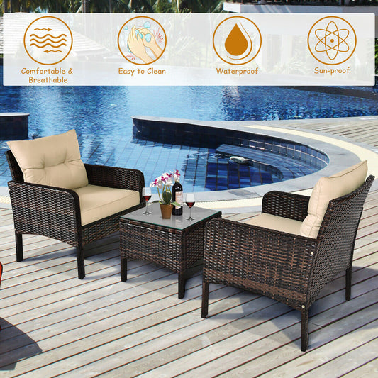 3 Pcs Outdoor Patio Rattan Conversation Set with Seat Cushions-Black