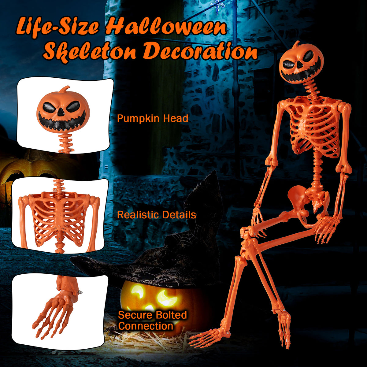 5.2 FT Orange Life-Size Poseable Halloween Skeleton with Pumpkin Head and Movable Joints