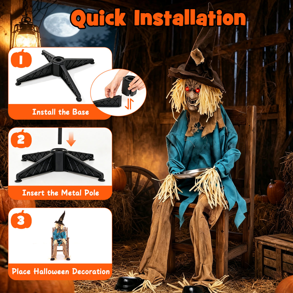 Animatronic Halloween Scarecrow Decoration 5.2 ft Moving Head