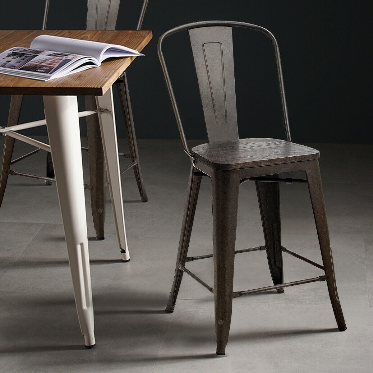 Set of 4 Industrial Metal Counter Stool Dining Chairs with Removable Backrests-Gun
