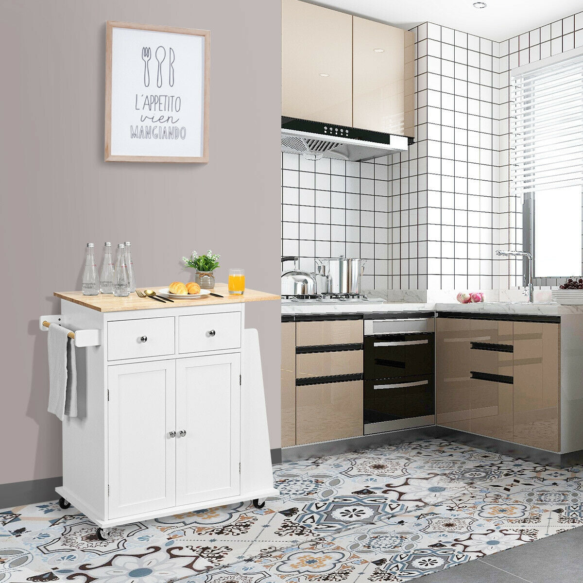 Rubber Wood Countertop Rolling Kitchen Island Cart-White - White