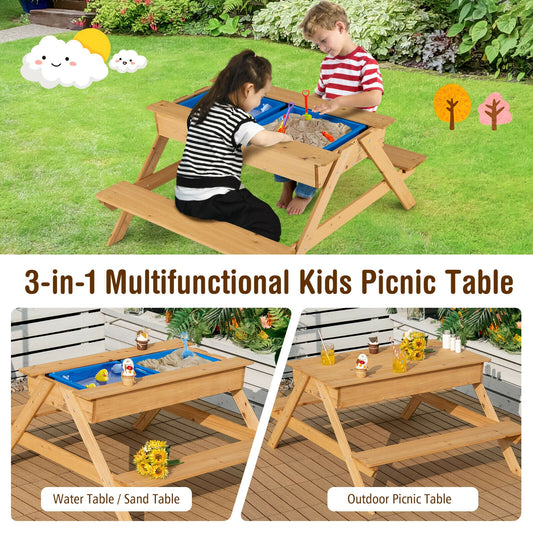 3-in-1 Kids Picnic Table Wooden Outdoor Water Sand Table with Play Boxes