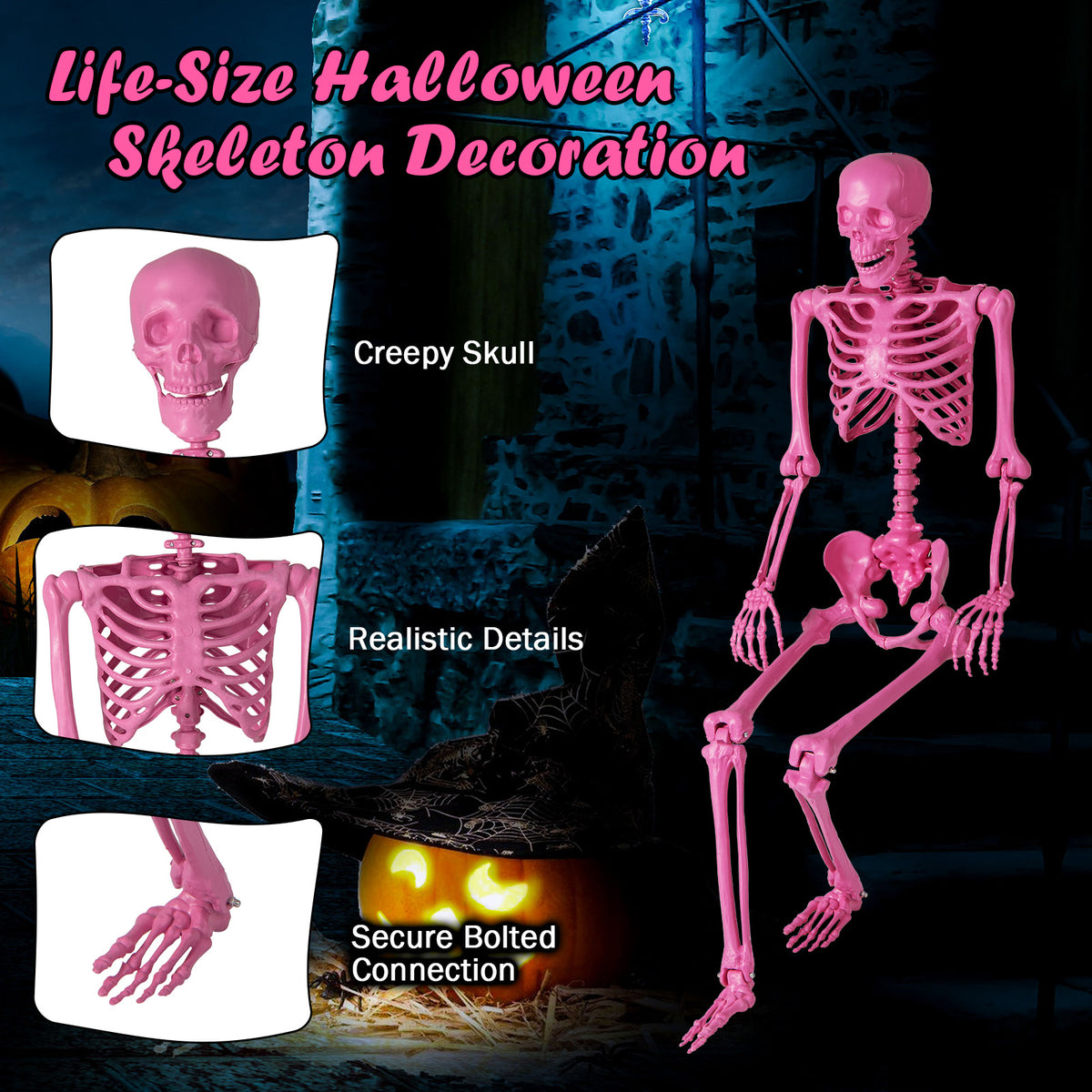 5.5 FT Life-Size Halloween Poseable Skeleton Pink Movable Joints