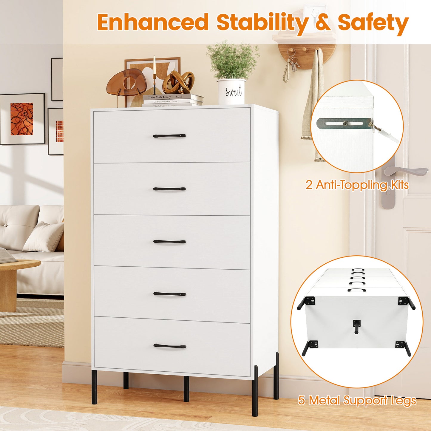 5-Drawer Modern Tall Chest of Drawers with Metal Legs-White