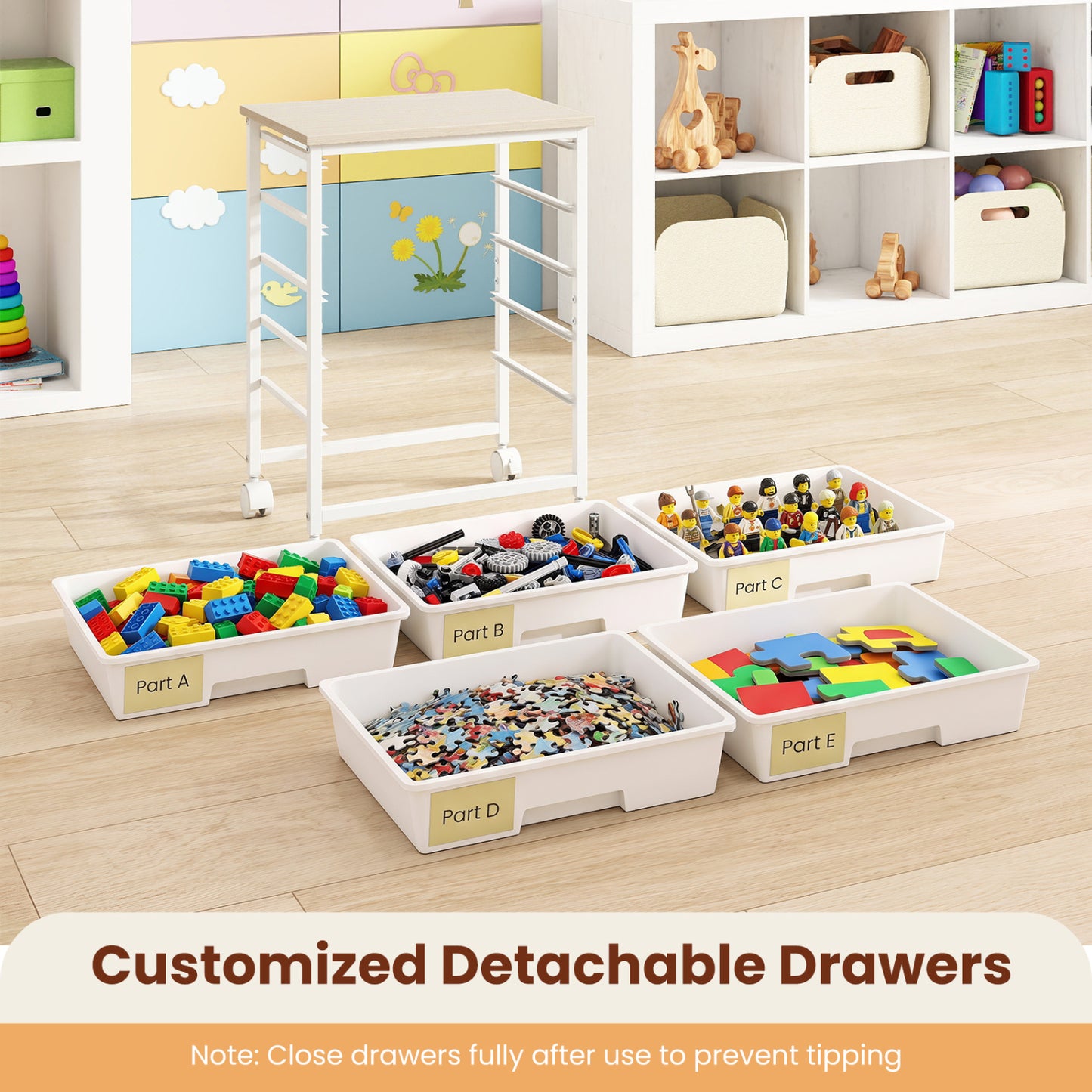 5-Drawer Rolling Storage Cart with Wooden Top