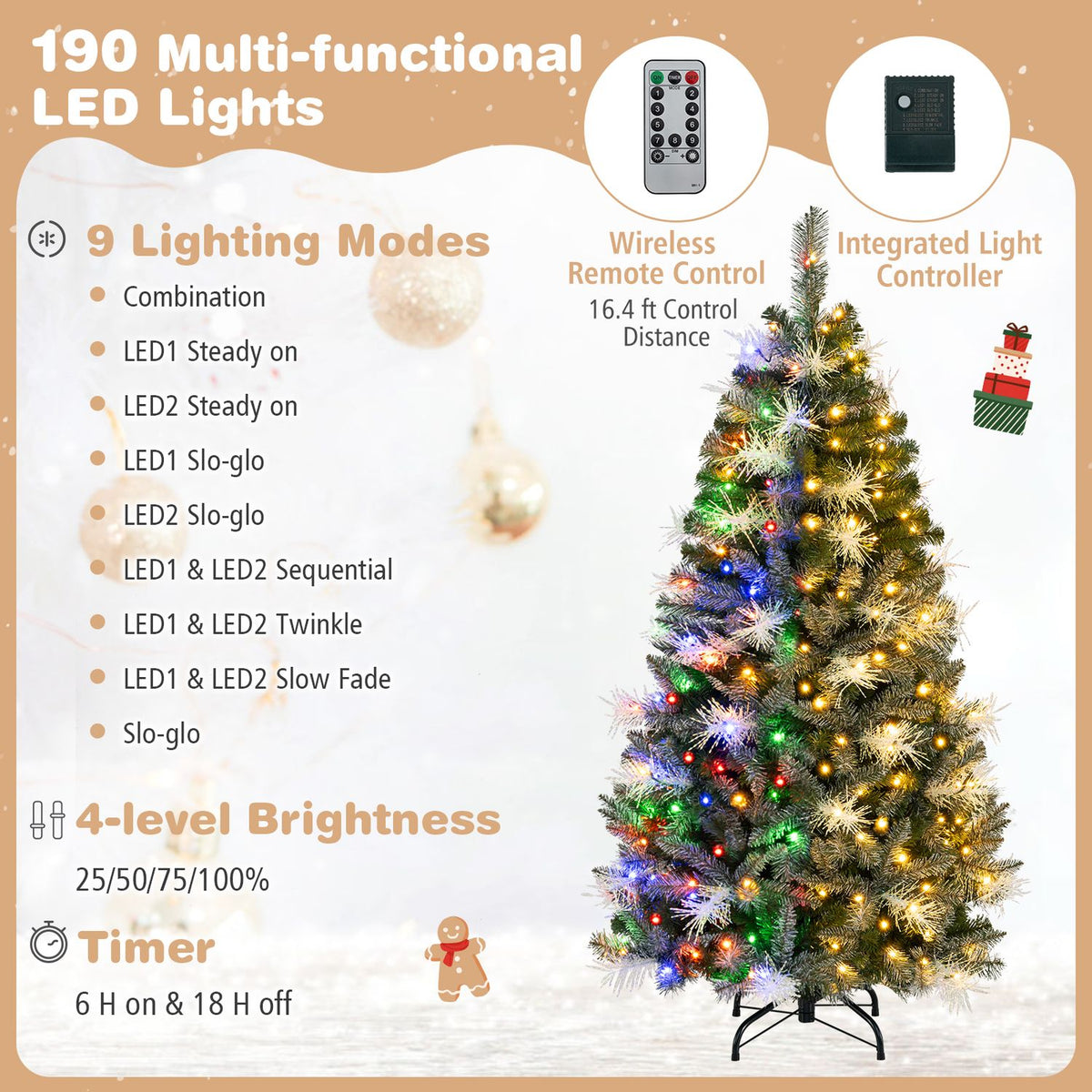 6 FT Pre-lit Christmas Tree with 250/470 Warm White and Multi-color Dimmable LED Lights for Home Party