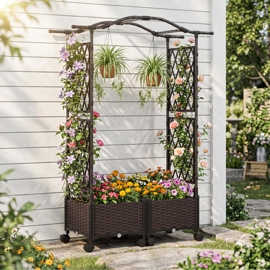 5 FT Self-Watering Planter Boxes with Lattice Trellis and Roof