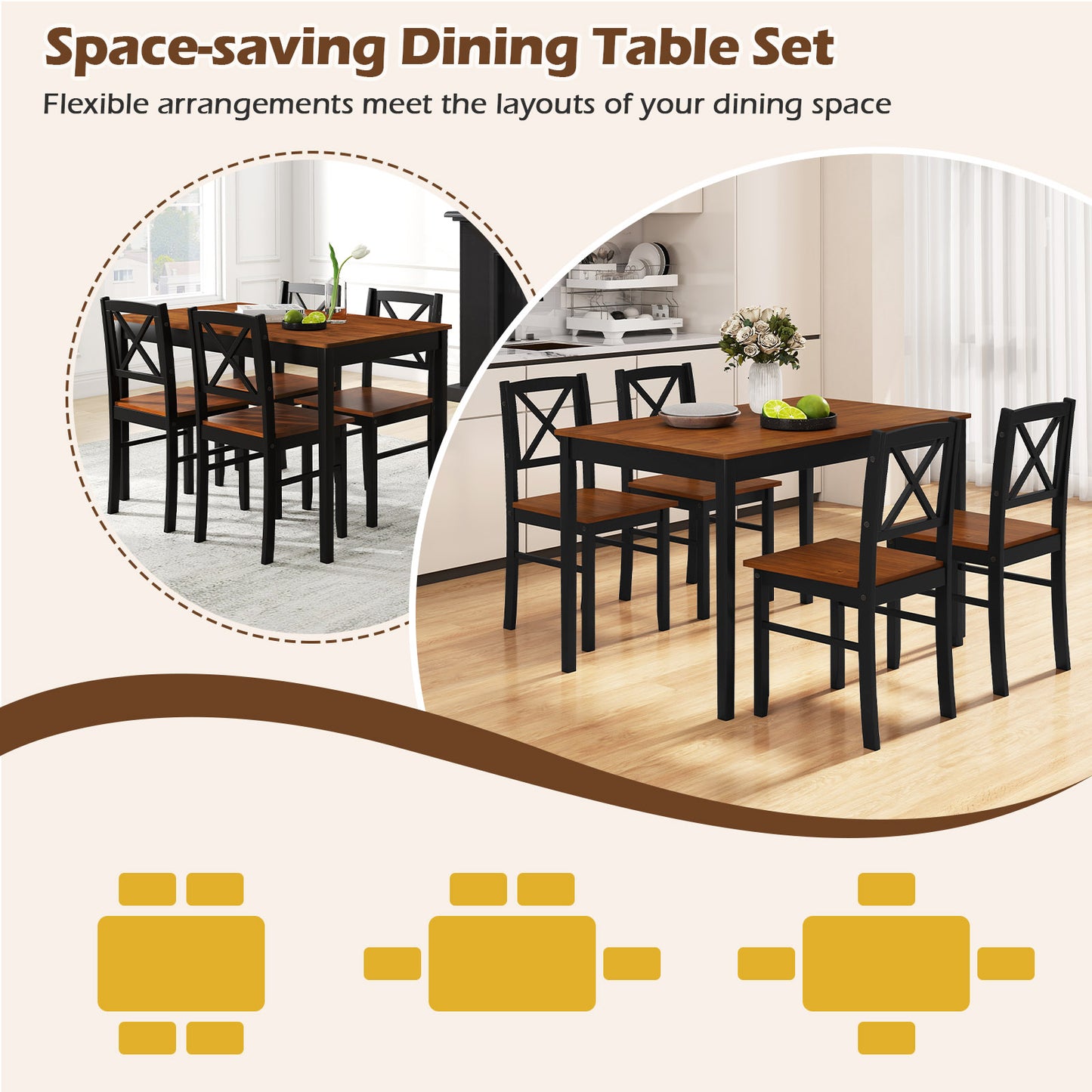 5 Piece Dining Table Set with Rectangular Kitchen Table and 4 Chairs for 4 People-Coffee