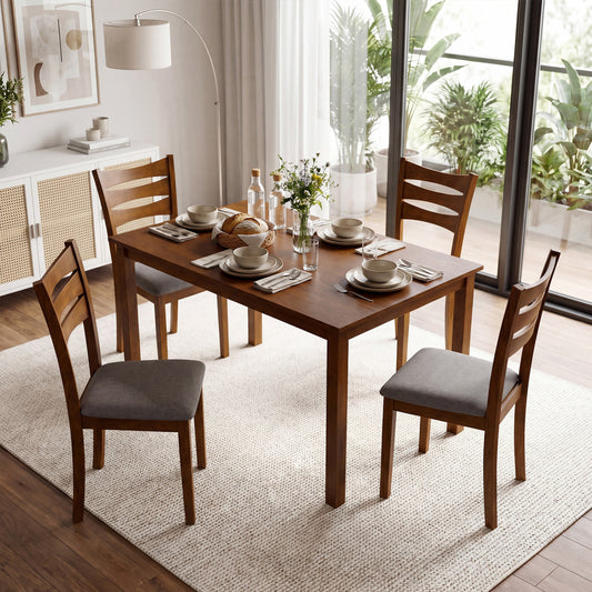 5-Piece Dining Table Set with Linen Fabric Upholstered Chairs and Solid Rubber Wood Frame for 4 People