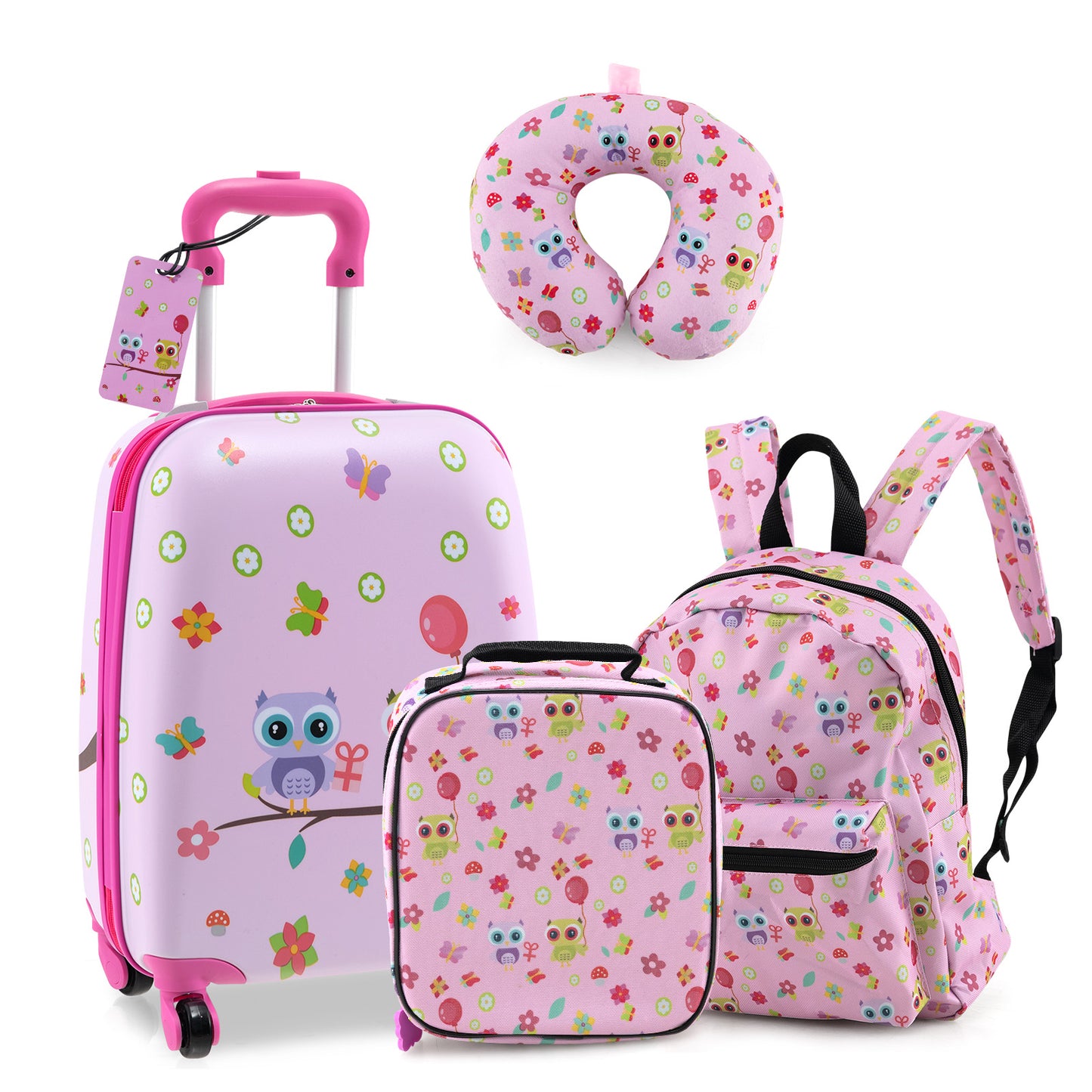 5 Piece Kids Luggage Set with Backpack Neck Pillow Name Tag Lunch Bag-Dark Blue - Pink