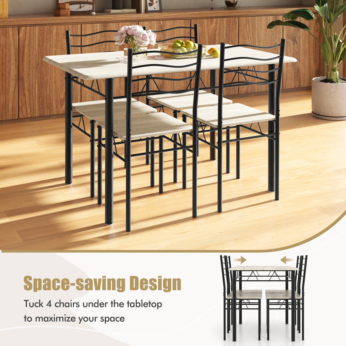 5 Pieces Wood Metal Dining Table Set with 4 Chairs