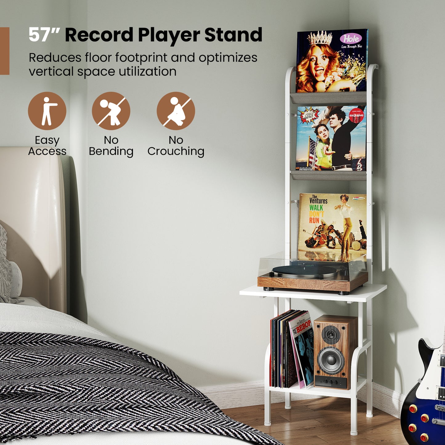 5-Tier Record Player Stand with Vinyl Display Shelf and Record Holder-White