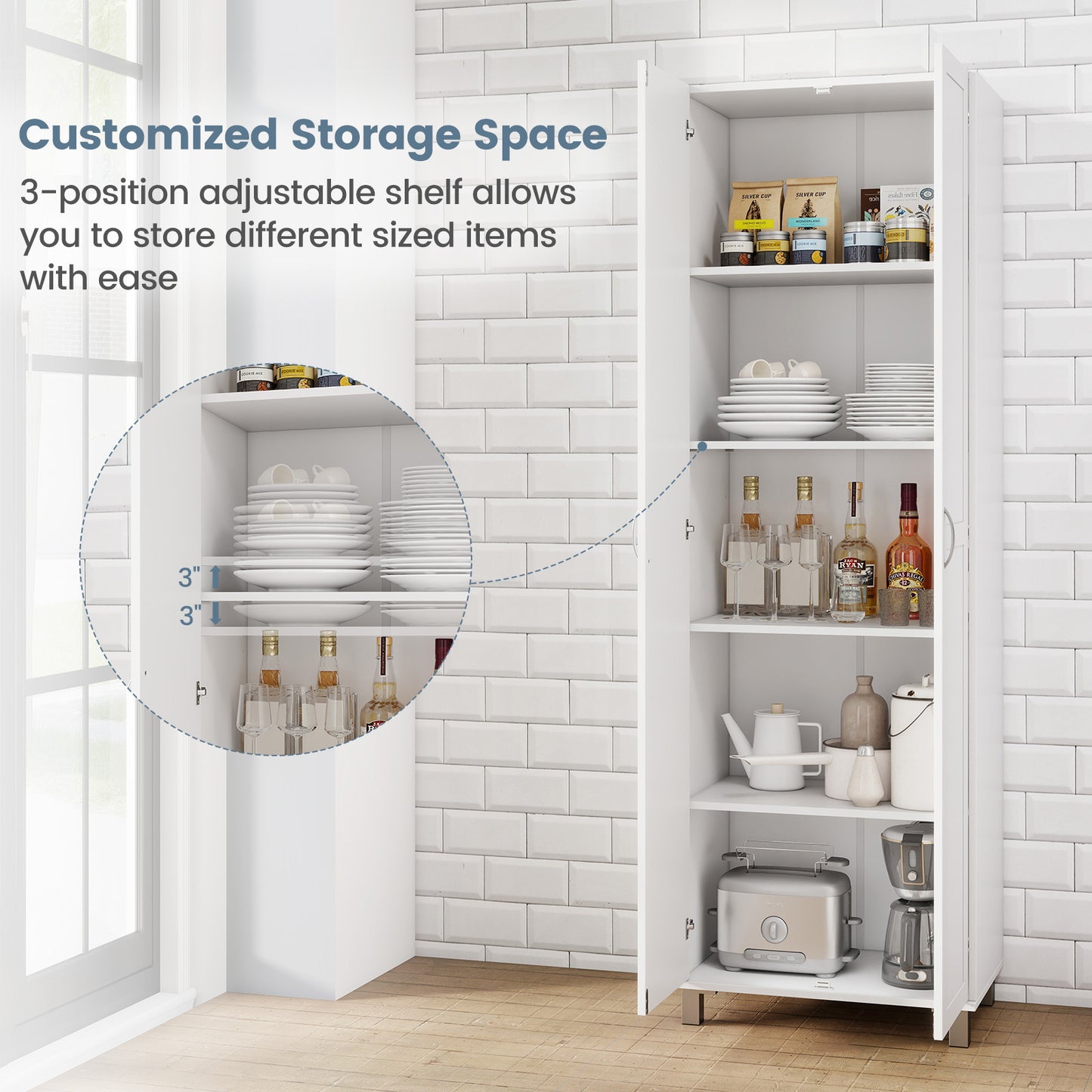 73.5 Inch Freestanding Double Door Tall Versatile Storage Organizer-White