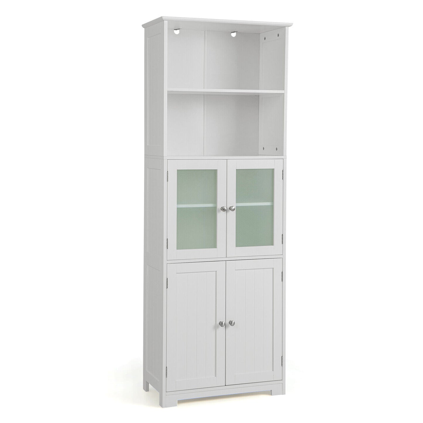 6-Tier Freestanding Bathroom Cabinet with 2 Open Compartments and Adjustable Shelves-Gray - White