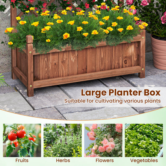 60 Inch Tall Raised Garden Bed with Diamond Lattice Trellis and Drainage Holes-Brown