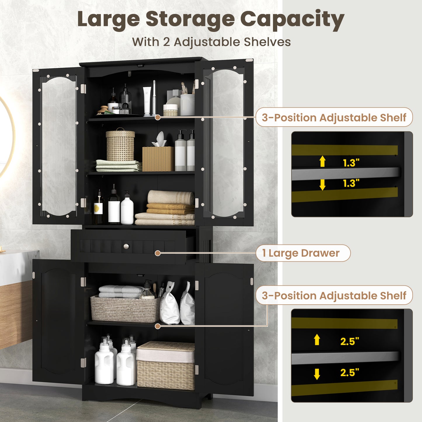 63 Inch Tall Bathroom Storage Cabinet with 2 Glass Doors and Adjustable Shelves-Black