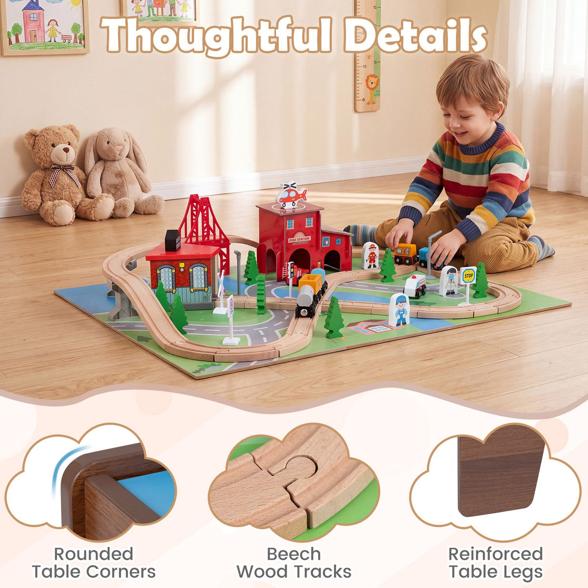 63 Piece Kids Train Table with Storage Drawer and Reversible Tabletop