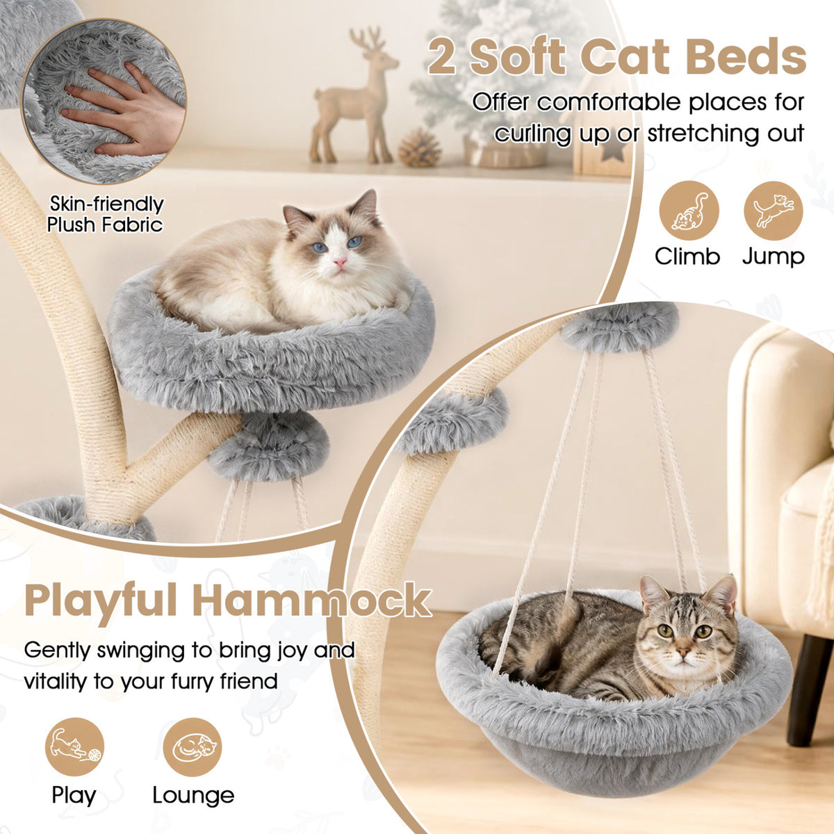 66.5" Multi-Level Modern Cat Tower with Top Perch 2 Beds Hammock and Sisal Posts