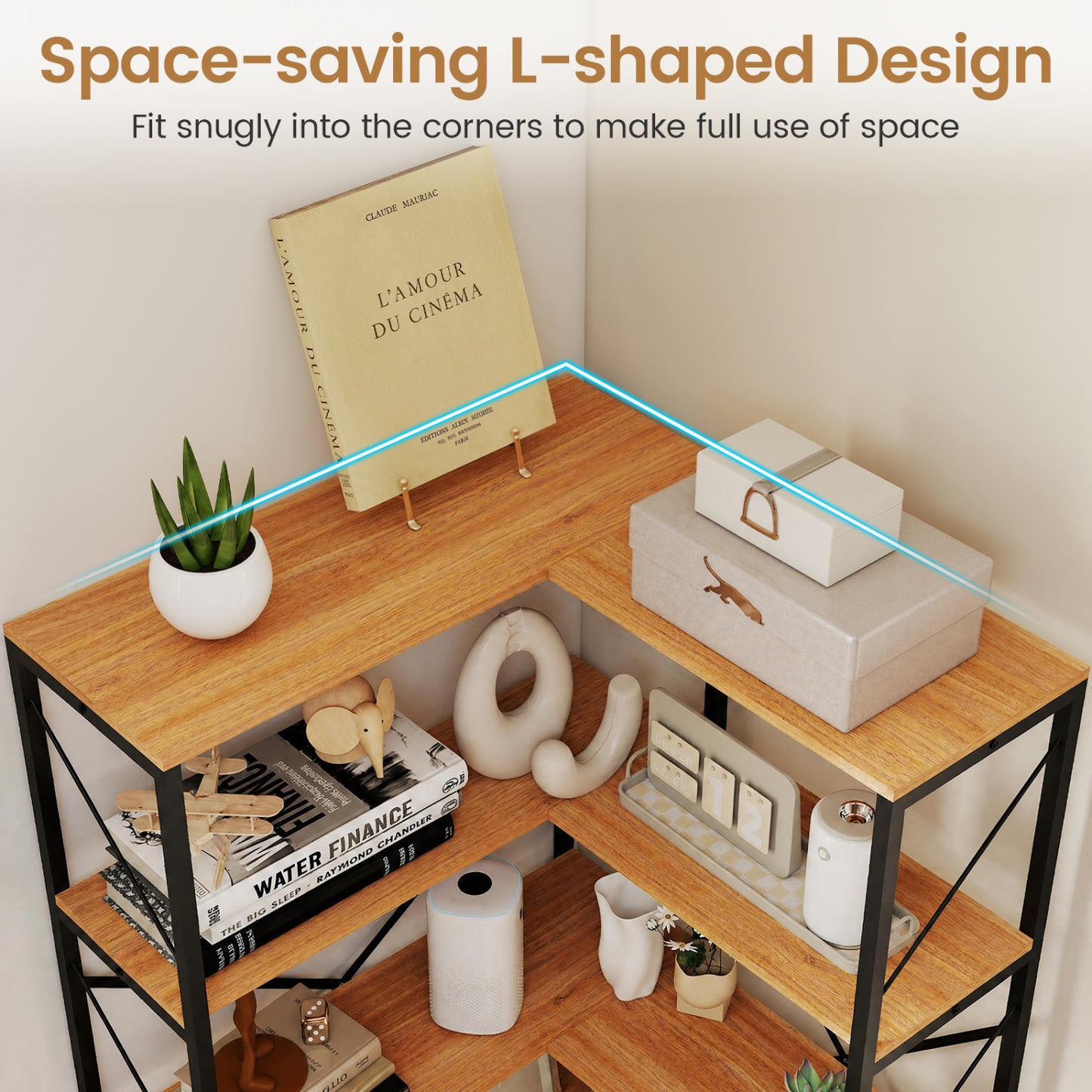 5-Tier L-Shaped Corner Bookcase with Metal Frame, 66" Tall