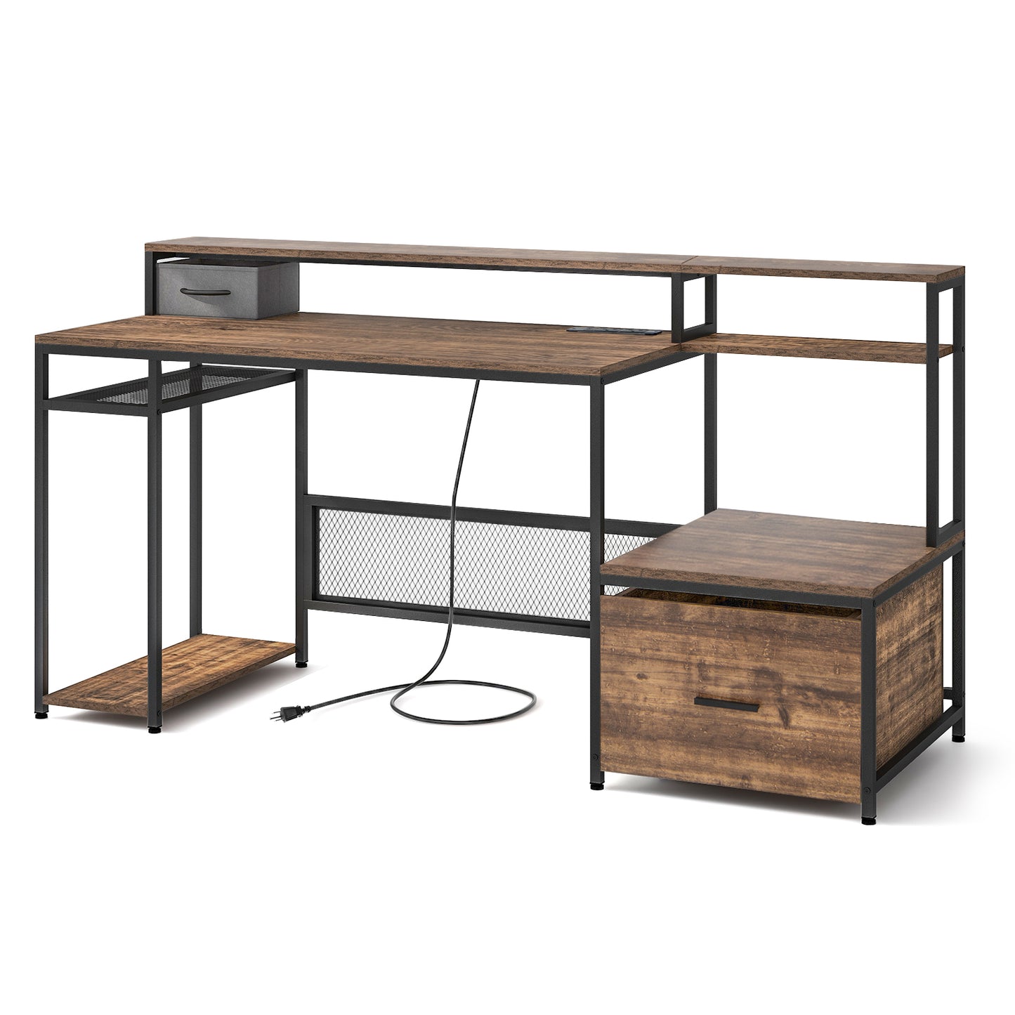 67 Inch Computer Desk with Monitor Stand & File Drawer-Rustic Brown - Rustic Brown