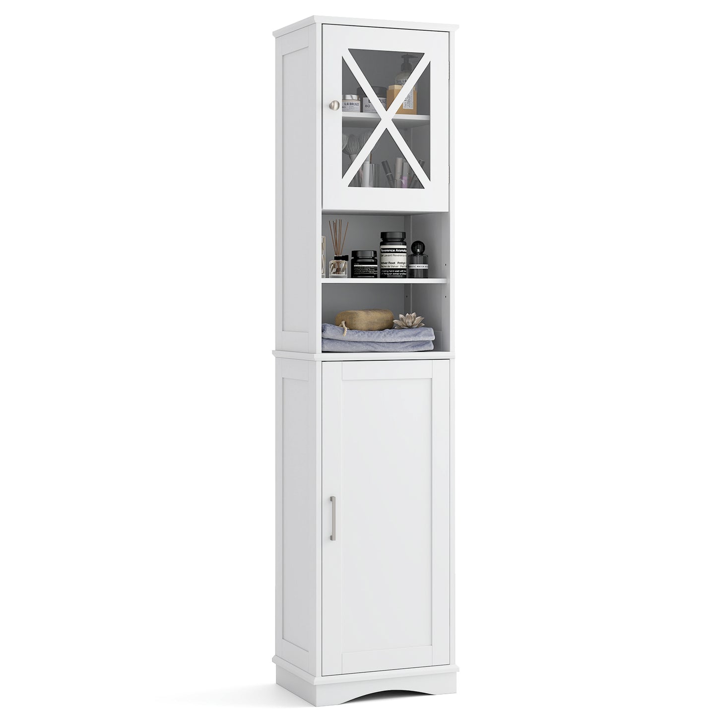 67 Inch Tall Bathroom Cabinet Freestanding Storage Cabinet with 5 Adjustable Shelves-White - White