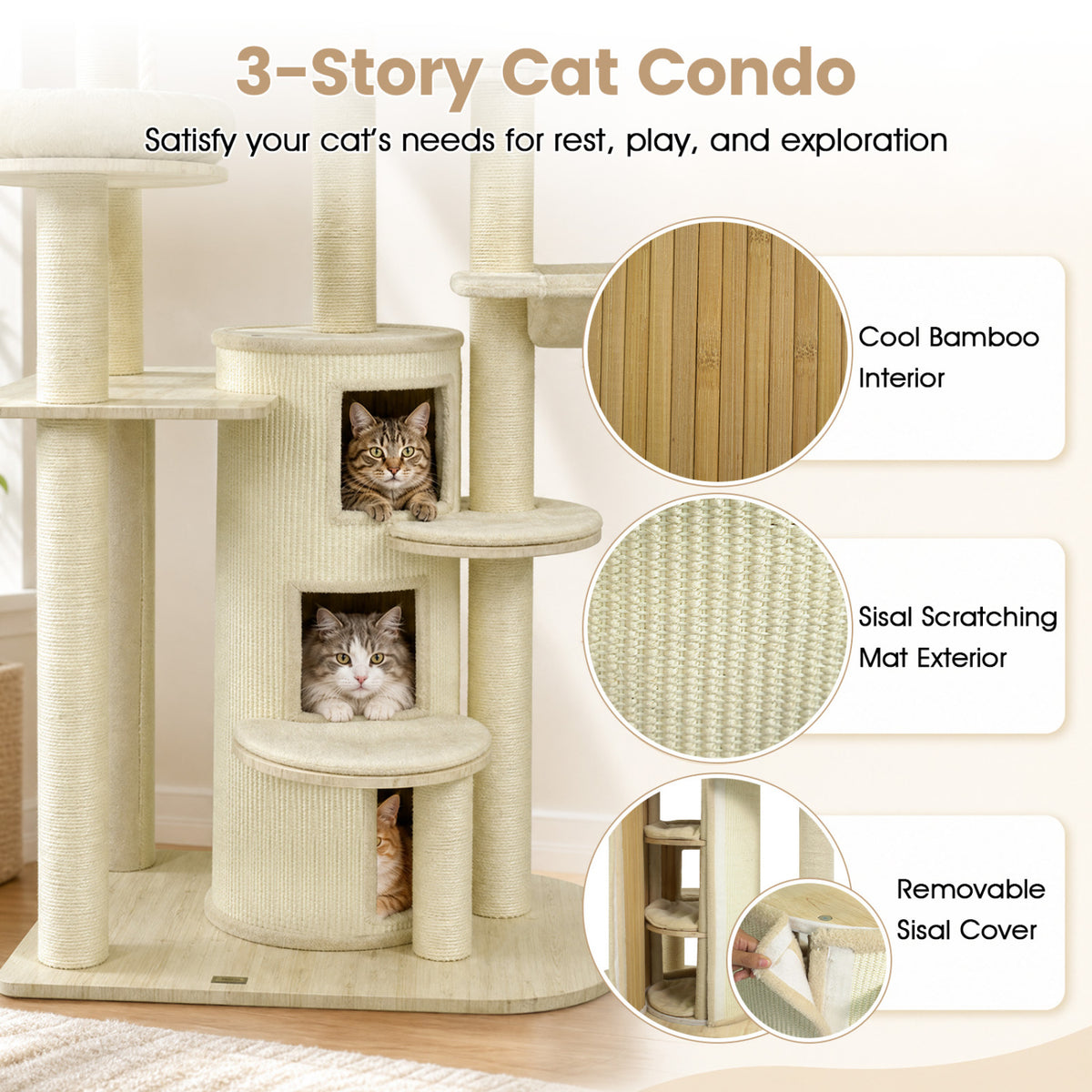 68 Inch Wooden Cat Tree with 3-Story Condo and Hammock for Kittens